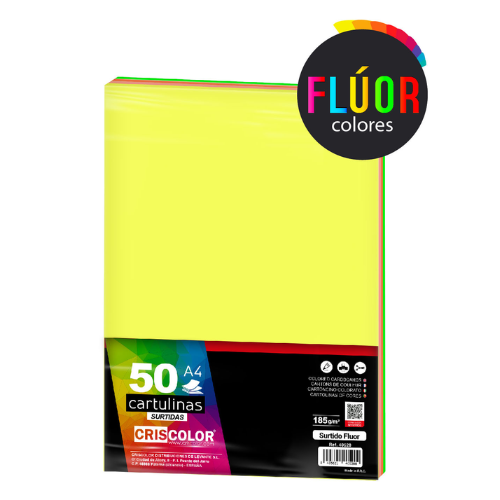3 - CARTULINAS SURTIDO FLUOR 4 COLORES - PACK 50 UNIDS - A4