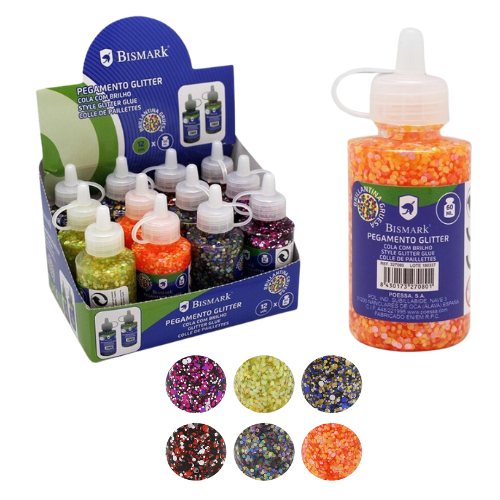 9.2 - BISMARK CAJA 12UDS PEGAMENTO GLITTER METALIZADO GRUESO BOTELLA 60 ML
