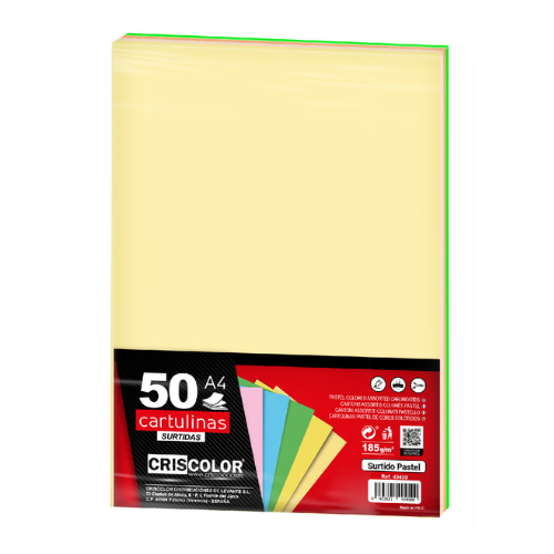 3.1  - CARTULINAS SURTIDO PASTEL 5 COLORES - PACK 50 UNIDS - A4